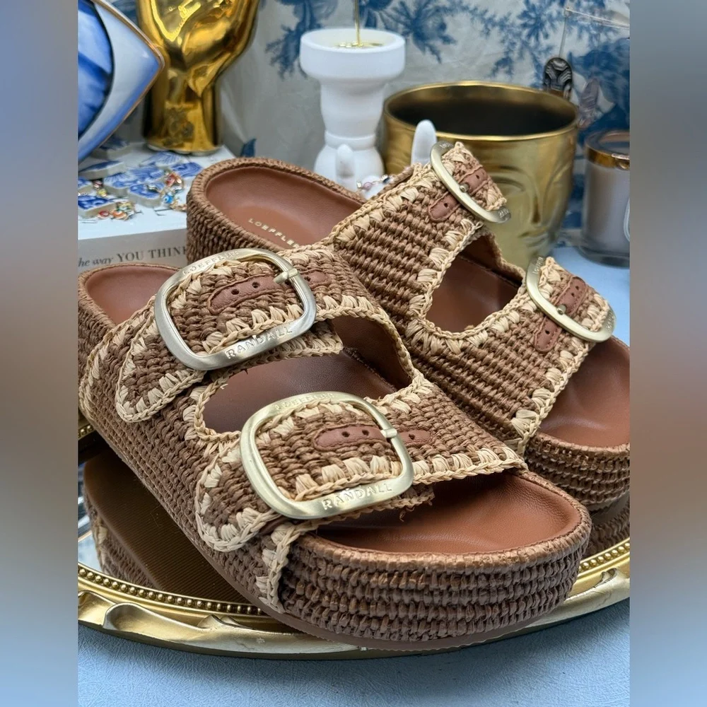🆕 LOEFFLER RANDALL 🧿 NWOB Theo Embroidered Raffia Platform Sandal, Brown Sz 7